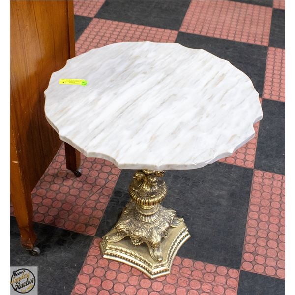 VINTAGE BRASS ORNATE STYLE STAND TABLE WITH MARBLE