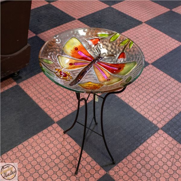 TALL DRAGON FLY GLASS BIRD BATH 25"