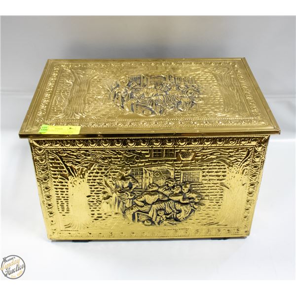 VINTAGE BRASS KINDLING BOX EMBOSSED METAL