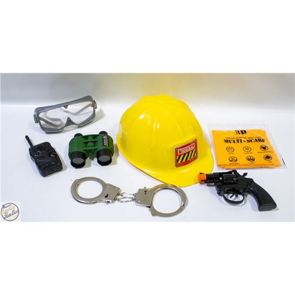 KIDS TOY GUN, WALKIE TALKIE, HAND CUFFS, HARD HAT,