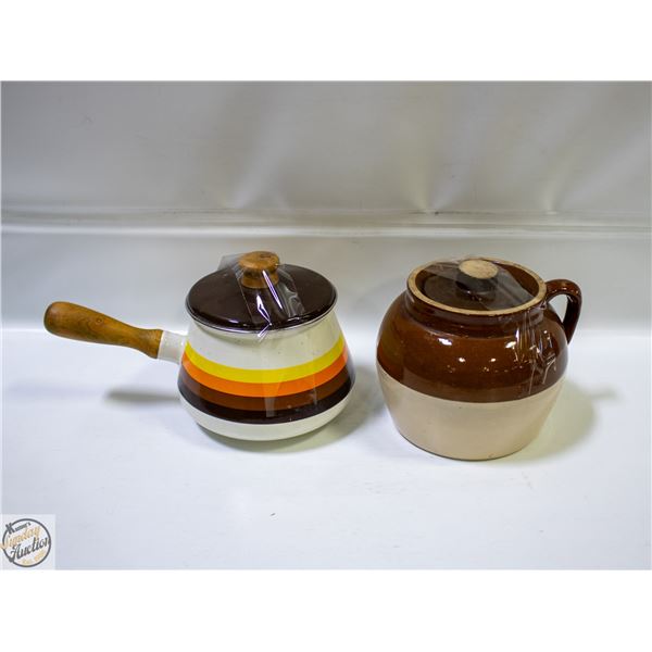 VINTAGE POTTERY CROCK W/LID + VINTAGE LIDDED POT