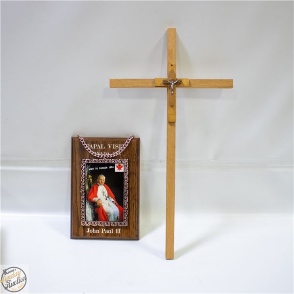 1984 POPE VISIT PLAQUE + WOODEN CRUCIFIX