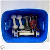 Image 1 : SMALL TOTE OF HAND WEIGHTS, NEW SKIPPING ROPE, ETC