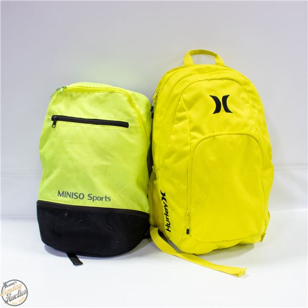 2 NEON BACKPACKS - MINISO SPORTS + HURLEY