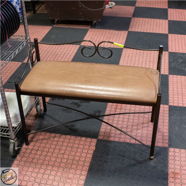 WROUGHT IRON FRAMED BENCH BROWN WITH FAUX LEATHER