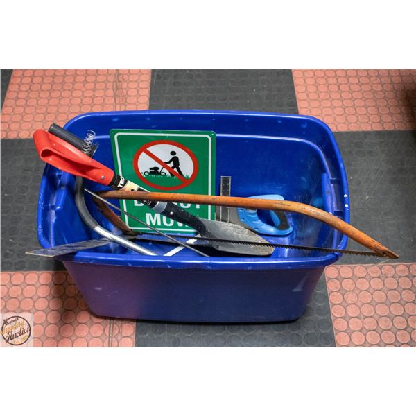 BLUE OF ASSORTED YARD TOOLS + "DO NOT MOW" METAL