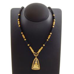 Heavy 24k Gold Filled Thai Buddha Amulet With Wood Bead Necklace (JEW-163)