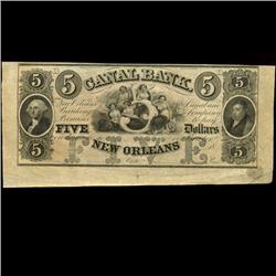 Rare 1850s Louisiana Canal Banking $5 Bill (COI-3090)