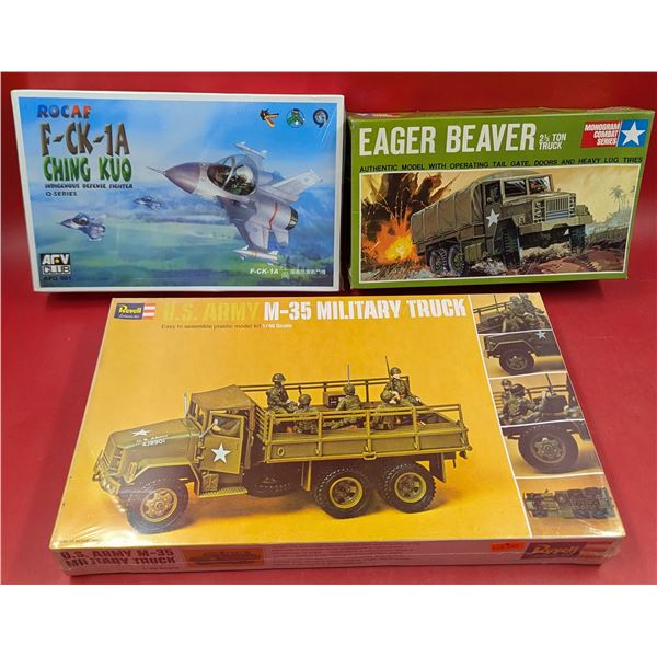 3 Unbuilt Military Model Kits w/ Defense Fighter, Eager Beaver Truck, & US Army M-35 Military Truck