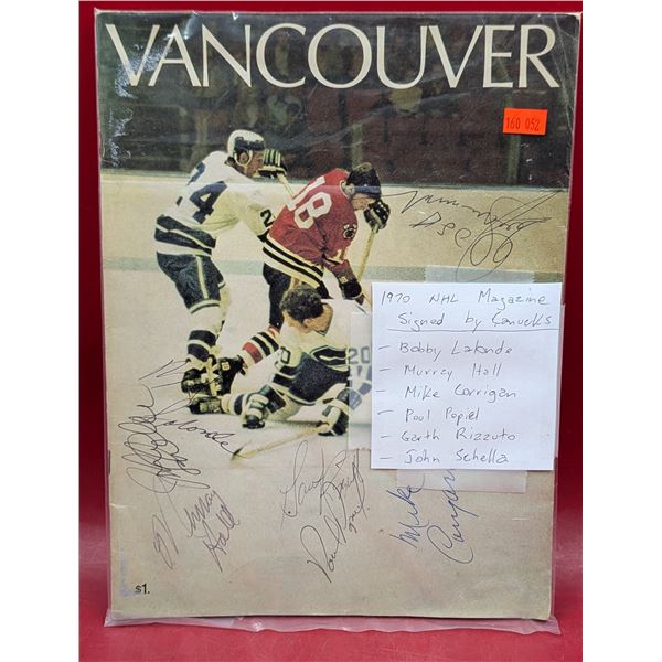1970 NHL Magazine Autographed by Canucks (Lalonde, Hall, Corrigan, Popiel, Rizzuto, & Schella)