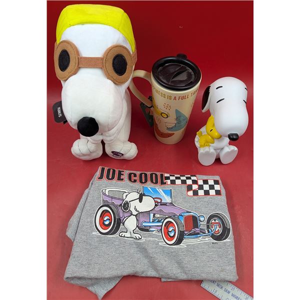 Peanuts Snoopy Lot w/ Plush Toy, T-Shirt, Figure, & Travel Mug