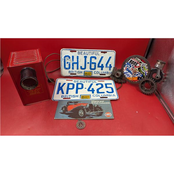 VTG Variety Lot w/ 2 BC License Plates, Gear Clock, Gulf Oil Advertising, & Magma-Vue Projector