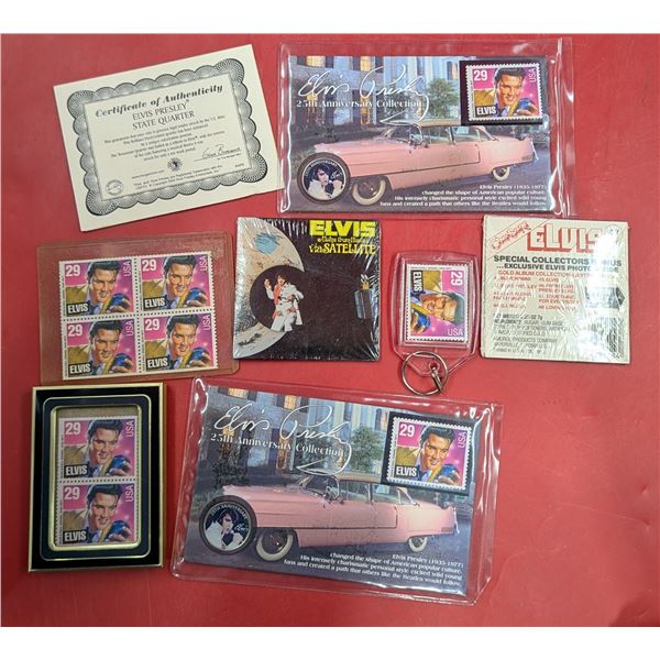 Elvis Presley Collectible Lot w/ Stamps, State Quarter, Chu-Bops Bubble Gum, & More