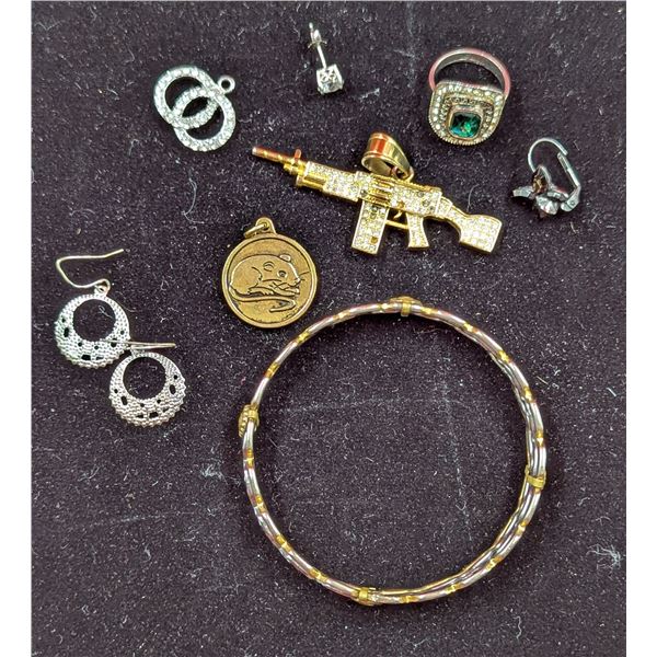 Lot of Assorted Jewelry w/ Machine Gun Pendant, Pair of Earrings, & More