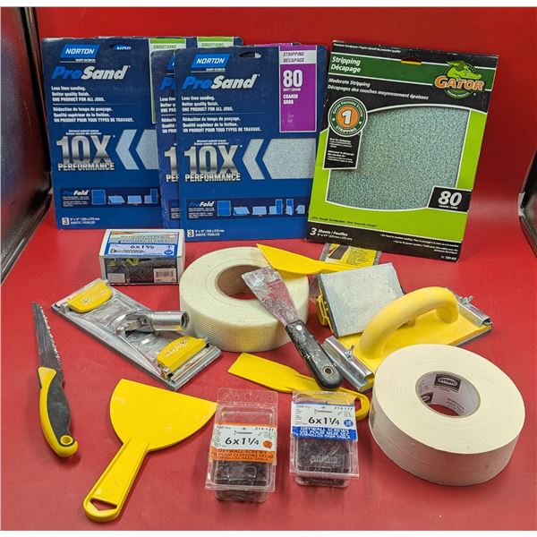 Drywall Tool Lot w/ Sandpaper, Putty Knives, Tape, & More