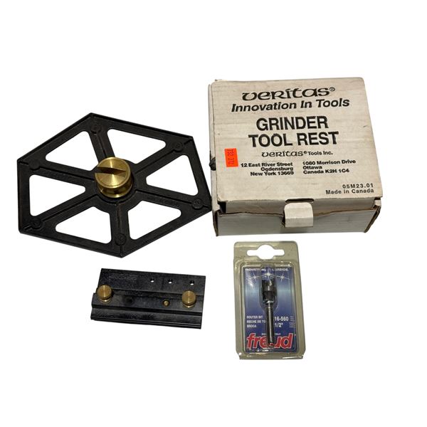 Tool Lot w/ Veritas Grinder Tool Rest, Poly-Gauge, Router Bit, & More