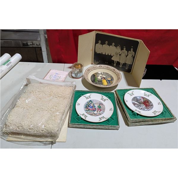 VTG Variety Lot w/ Plates, Photograph, Table Cloth, & More