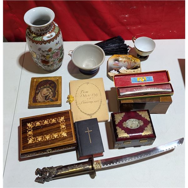 VTG Variety Lot w/ Shakespeare Book, Small Katana, Bible, & More