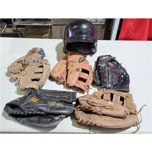 Baseball Lot w/ Hellmet & Assorted Gloves