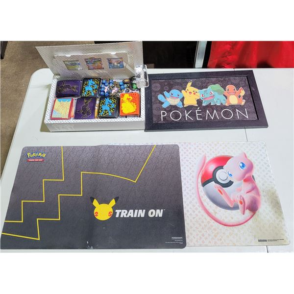 Lot of Assorted Pokemon Cards, Mats, & Framed Print