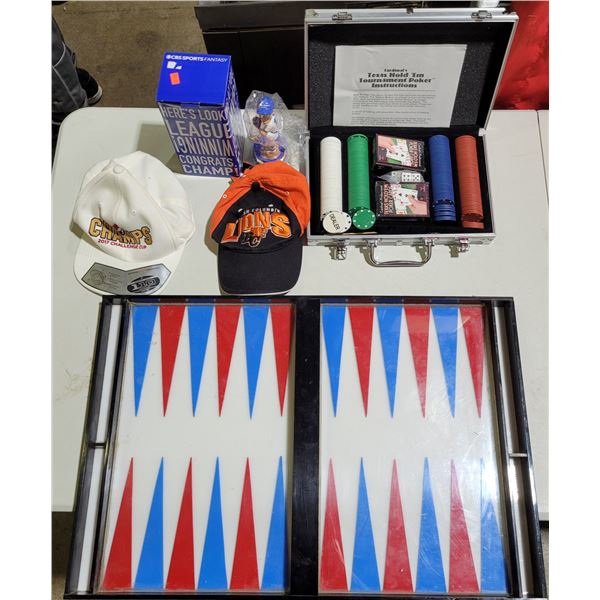 Variety Lot w/ Texas Hold Em Set, Sports Hats, Bobble-Head, & More