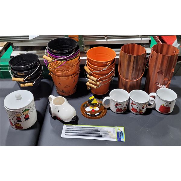 Metal Halloween Buckets & Holiday Peanuts Mugs