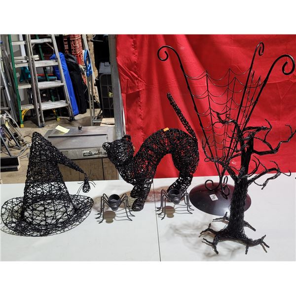 Wire Halloween Decorations w/ Twisted Cat Sculpture, Spaghetti Tree, & More