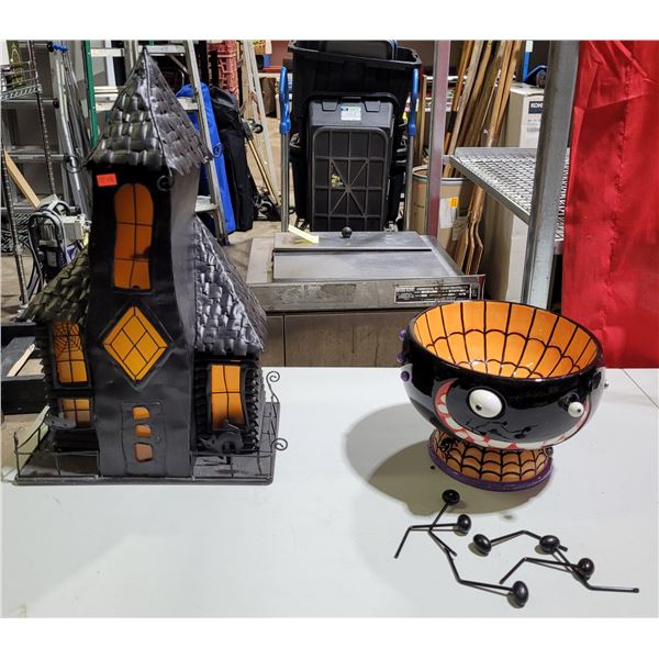 Metal Halloween House Tea Light Holder & Spider Candy Bowl