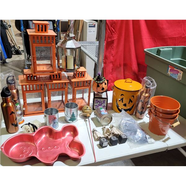 Lot of Halloween & Holiday Decorations w/ Lanterns, Cake Pan, Tins, & More