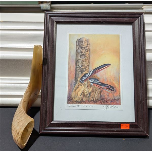 Indigenous Art Lot w/ Framed Print & Horn