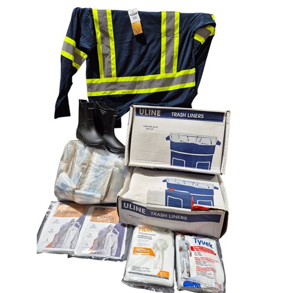Work Wear & Trash Liner Lot w/ Hi-Vis Shirt, Rubber Boots, Protective Clothing, & More