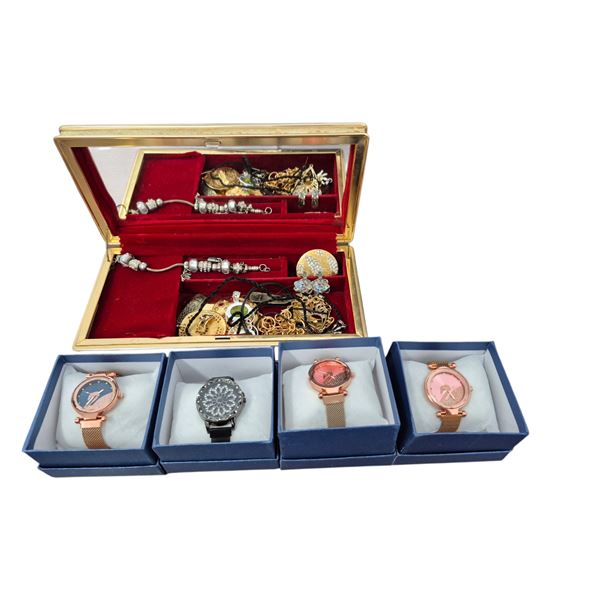 Lot of Assorted Watches, Jewelry, & Jewelry Box