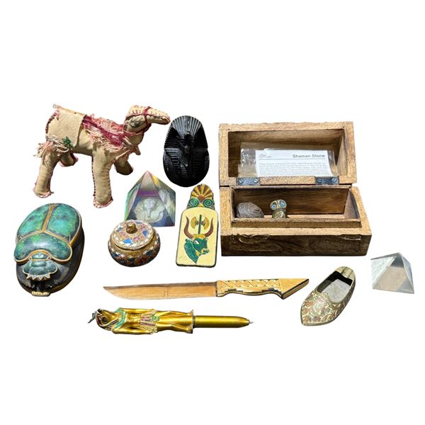 VTG Souvenir Lot w/ Leather Camel, Shaman Stone, Pyramid Paperweight, & More