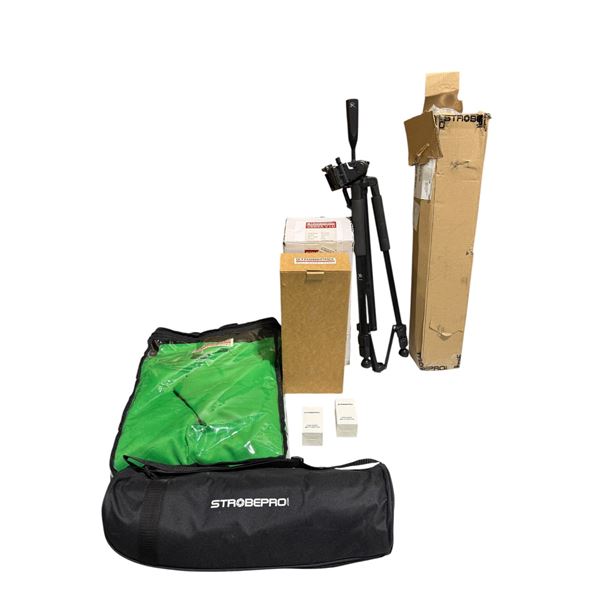 Strobepro Photography Supplies w/ Green Backdrop, Tripod, & More