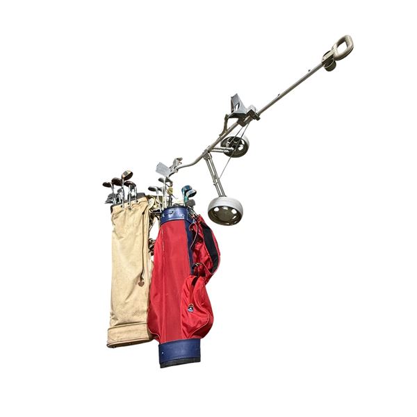 2 VTG Golf Bags, Assorted Clubs, & Golf Bag Cart