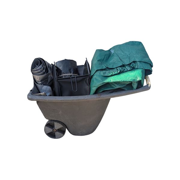 Plastic Wheelbarrow, Tarps and Lawn mower bag