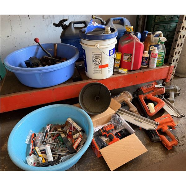 Contents of Shelf: Power & Hand Tools, Gas Cans, Hydraulic Oil, etc (Shelf not included)