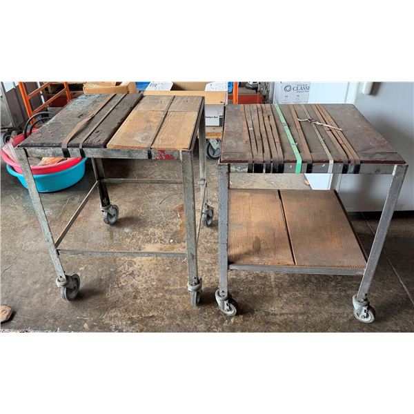 Qty 2 Metal Tables w/ Wooden Tops & Undershelves 23" x 23" x 32"H