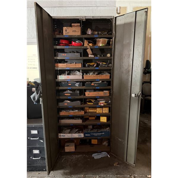 Metal Storage Cabinet & Contents:  Wheels, Parts, Hardware, etc