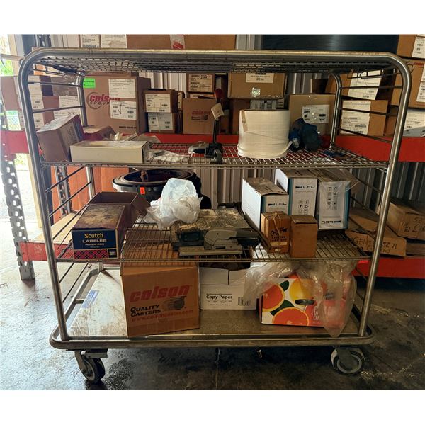 Colson Wire Cage Cart 52" x 25" x 56"H & Contents: Strapping, Printer Cartridges, Pump, Shrink Wrap,