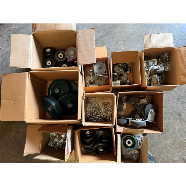 Qty 10 Boxes Multiple Caster Wheels, Yokes, Hardware, etc Misc Sizes