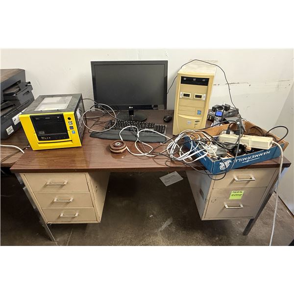 Office Set-Up: Metal 5-Drawer Desk, Samsung DVD Drive, LG Monitor, Keyboard, PC Tower, Cords, etc Mi