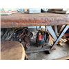 Image 11 : Work Table 96" x 48" & Contents:  Bench Vise, Organizer Shelf, Wheels, Belts, Straps, Hardware, etc