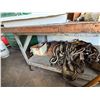 Image 13 : Work Table 96" x 48" & Contents:  Bench Vise, Organizer Shelf, Wheels, Belts, Straps, Hardware, etc