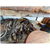 Image 14 : Work Table 96" x 48" & Contents:  Bench Vise, Organizer Shelf, Wheels, Belts, Straps, Hardware, etc