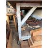 Image 18 : Work Table 96" x 48" & Contents:  Bench Vise, Organizer Shelf, Wheels, Belts, Straps, Hardware, etc