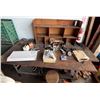 Image 1 : Work Table 96" x 48" & Contents:  Bench Vise, Organizer Shelf, Wheels, Belts, Straps, Hardware, etc