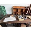 Image 2 : Work Table 96" x 48" & Contents:  Bench Vise, Organizer Shelf, Wheels, Belts, Straps, Hardware, etc