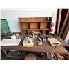 Image 3 : Work Table 96" x 48" & Contents:  Bench Vise, Organizer Shelf, Wheels, Belts, Straps, Hardware, etc