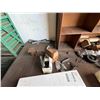 Image 6 : Work Table 96" x 48" & Contents:  Bench Vise, Organizer Shelf, Wheels, Belts, Straps, Hardware, etc
